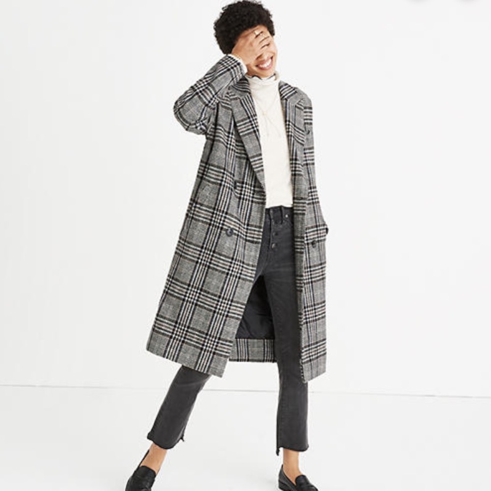 Madewell Black & Gray Plaid Long Trench Coat